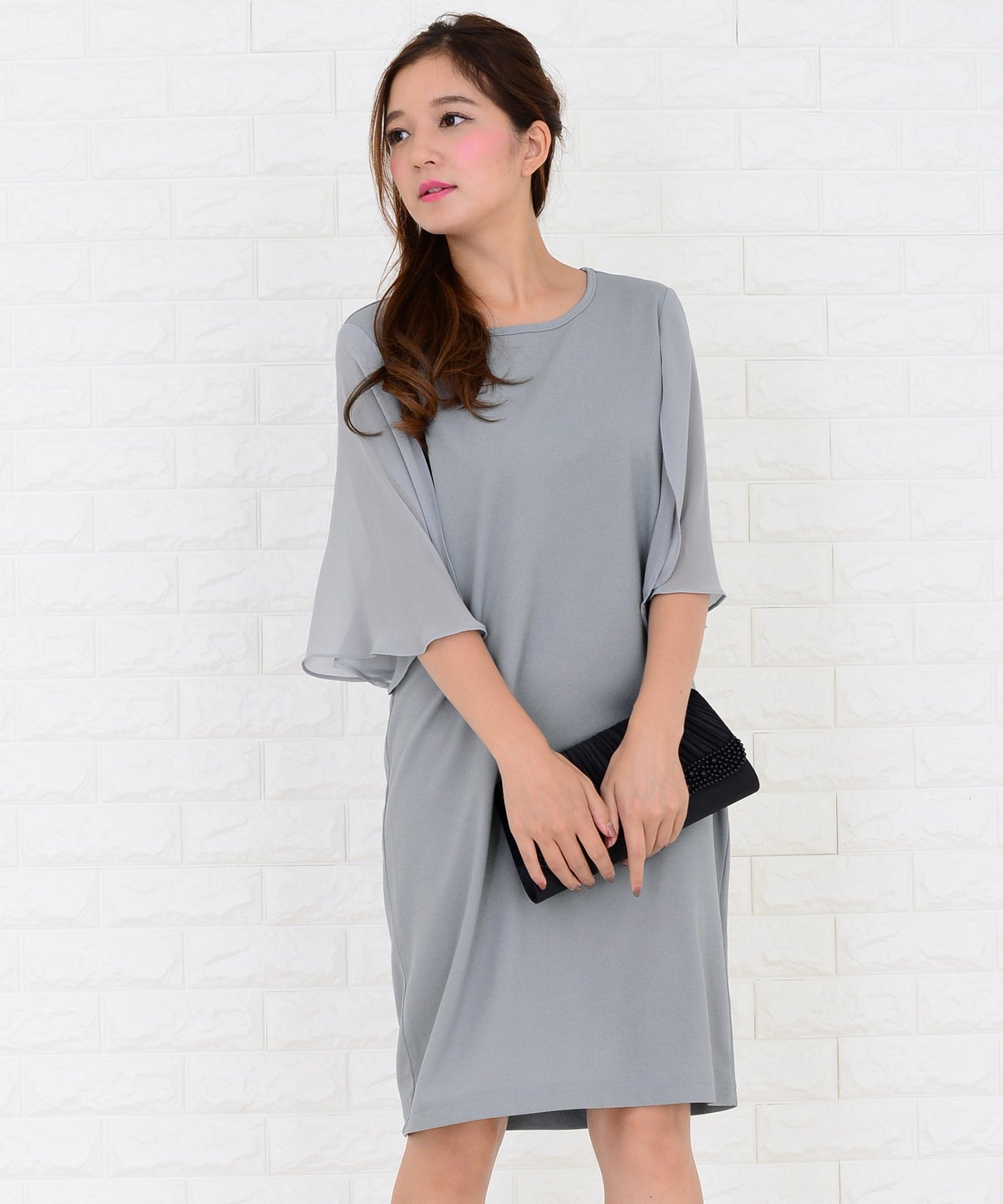 シースルーフリル袖膝丈ドレス・ワンピース