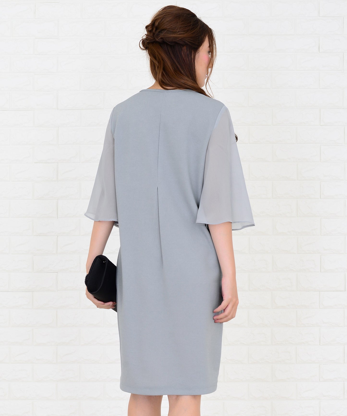 シースルーフリル袖膝丈ドレス・ワンピース