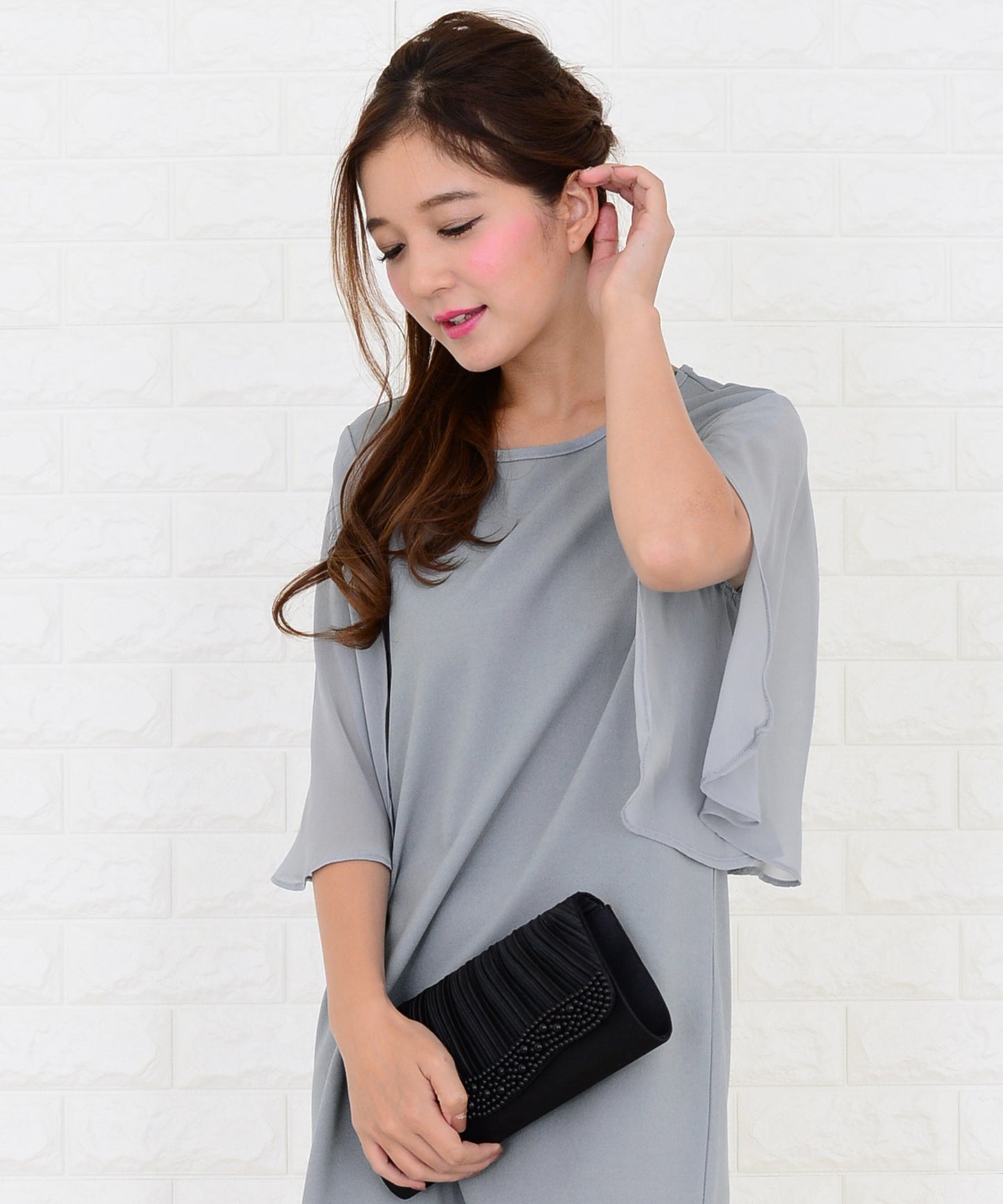 シースルーフリル袖膝丈ドレス・ワンピース