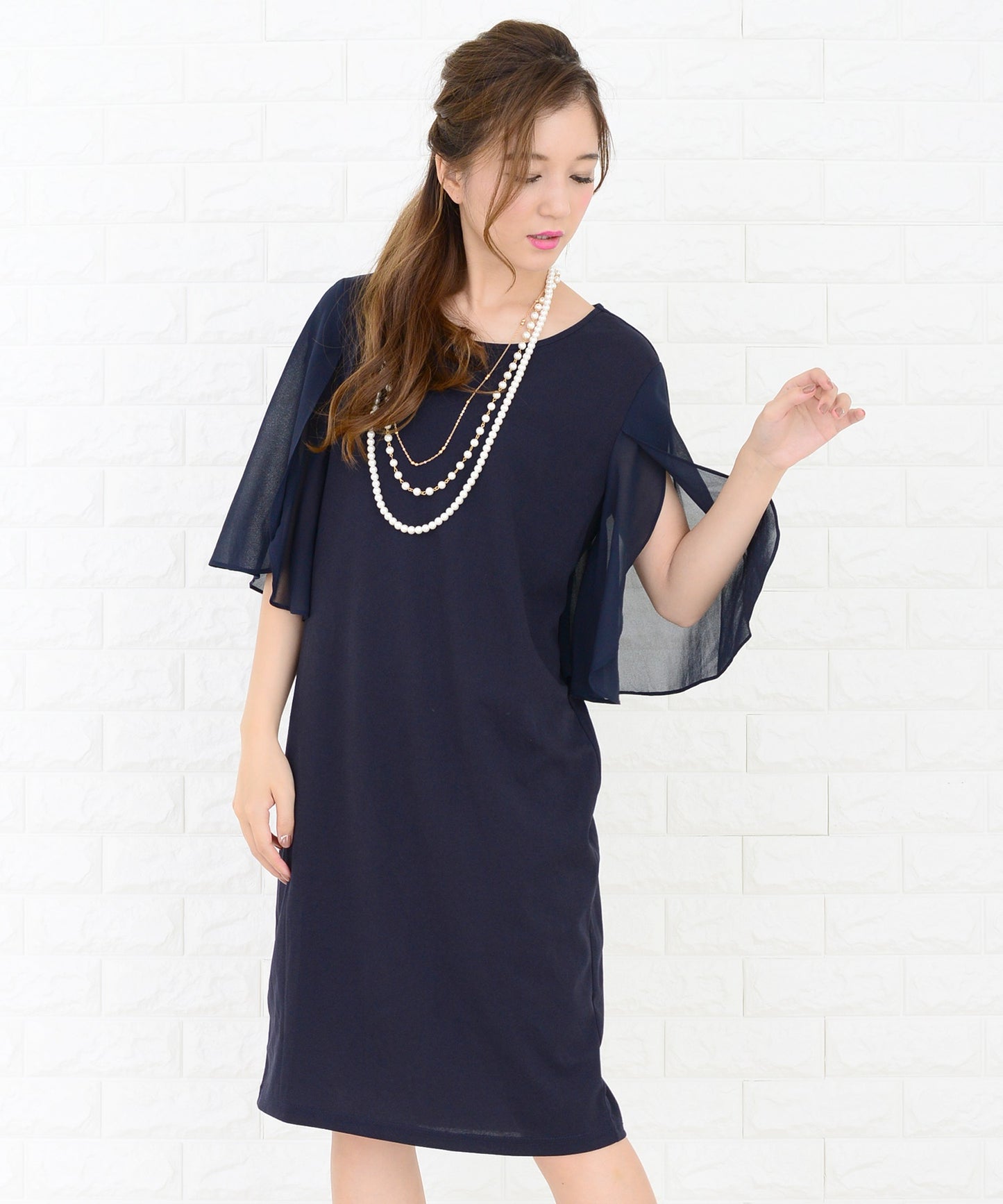 シースルーフリル袖膝丈ドレス・ワンピース