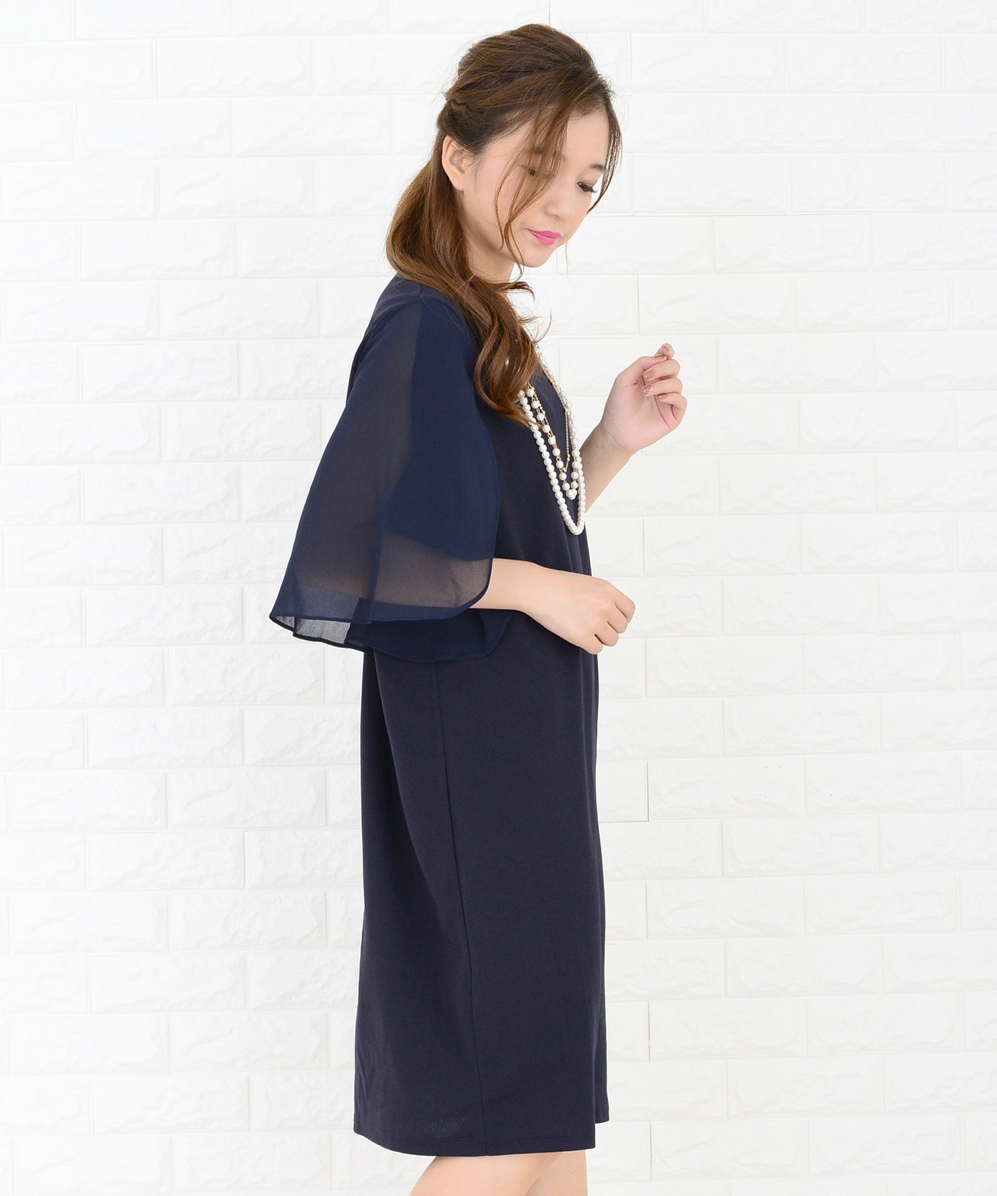 シースルーフリル袖膝丈ドレス・ワンピース