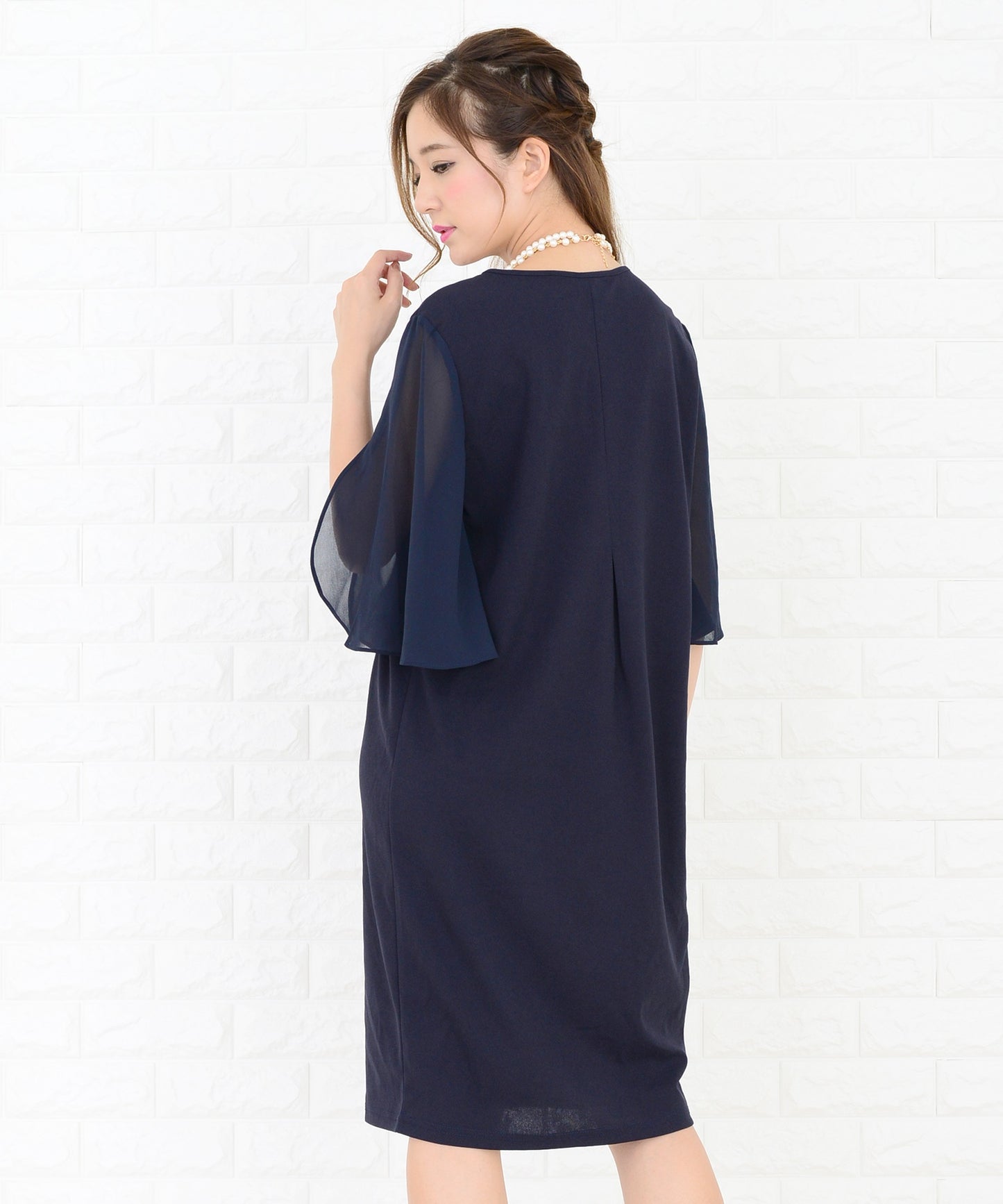 シースルーフリル袖膝丈ドレス・ワンピース