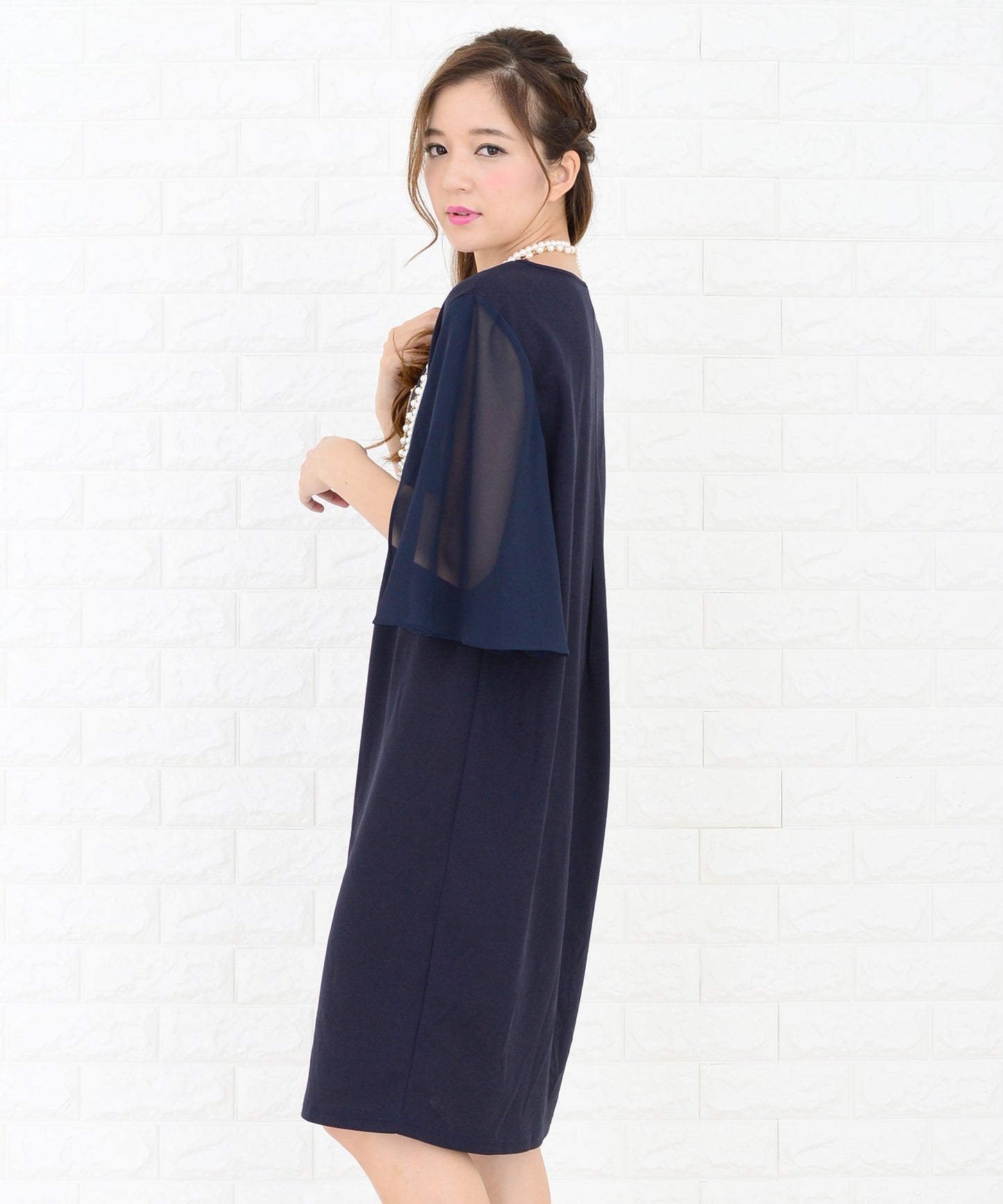 シースルーフリル袖膝丈ドレス・ワンピース