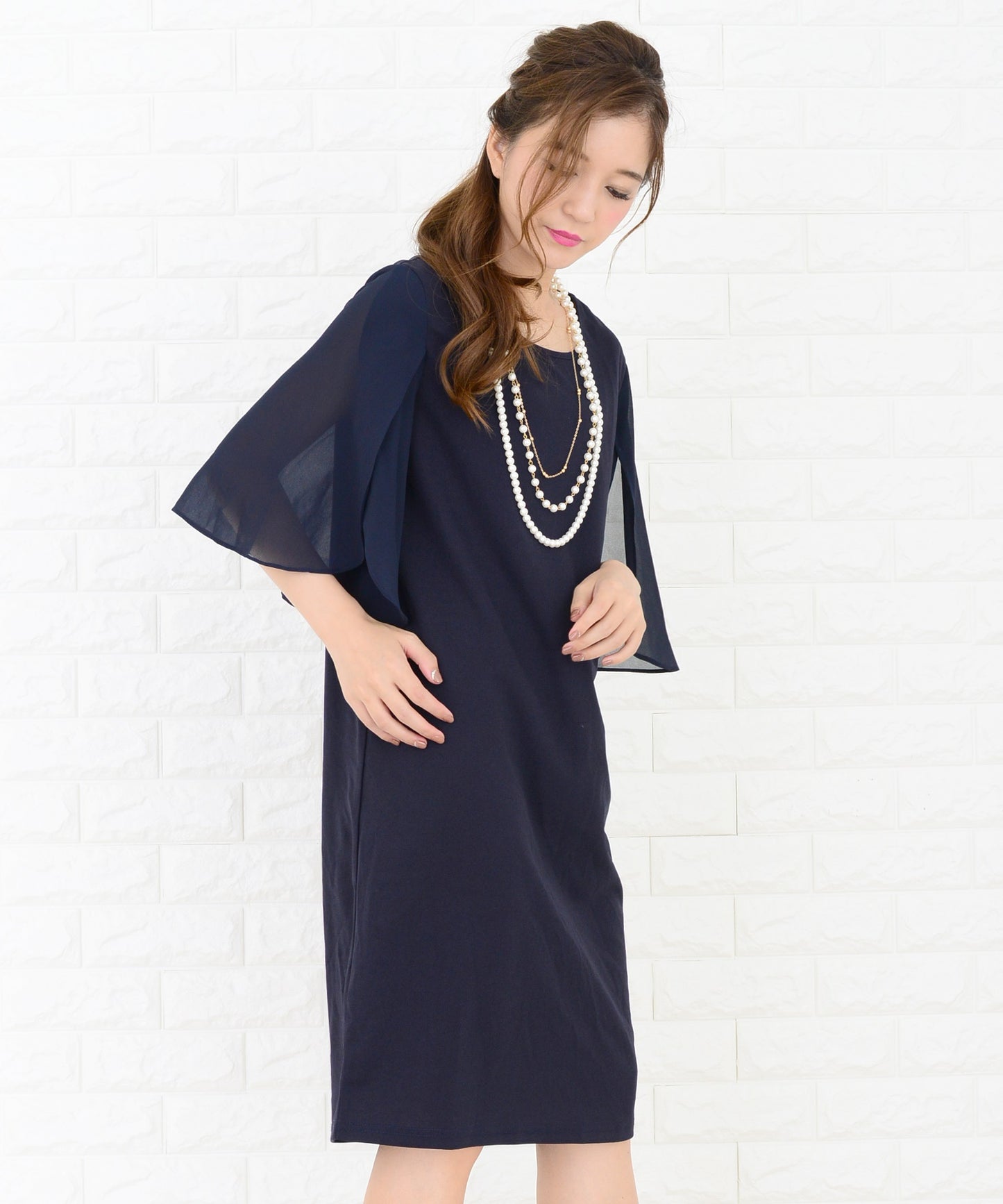 シースルーフリル袖膝丈ドレス・ワンピース