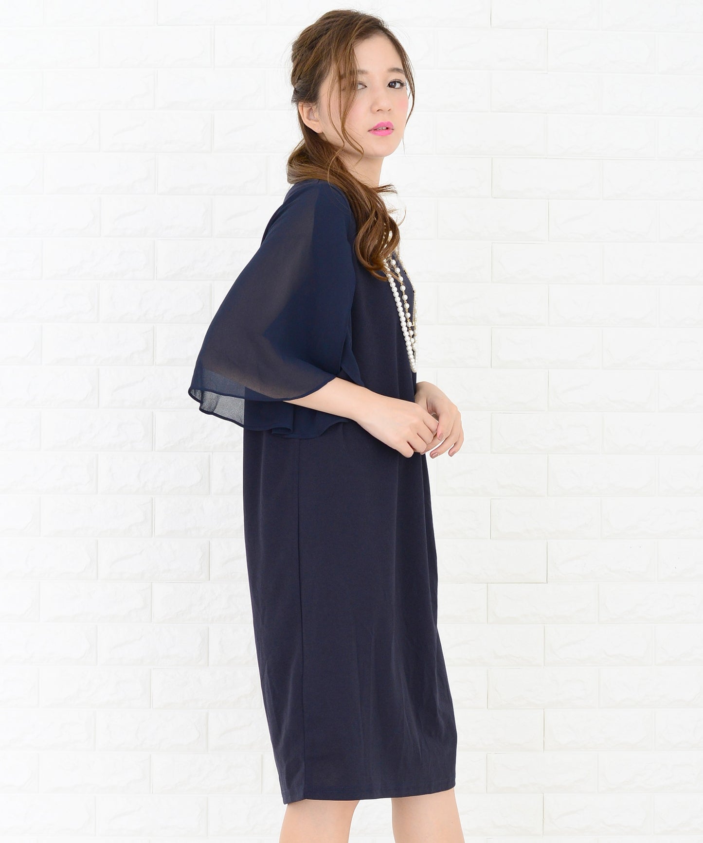 シースルーフリル袖膝丈ドレス・ワンピース