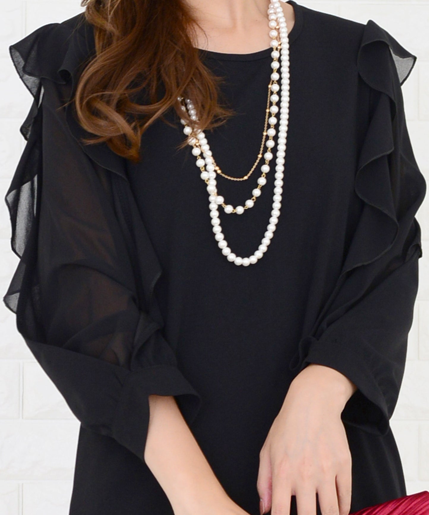 シースルーフリル長袖膝丈ドレス・ワンピース