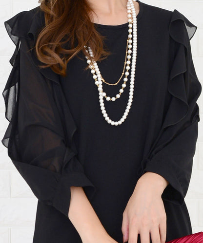 シースルーフリル長袖膝丈ドレス・ワンピース