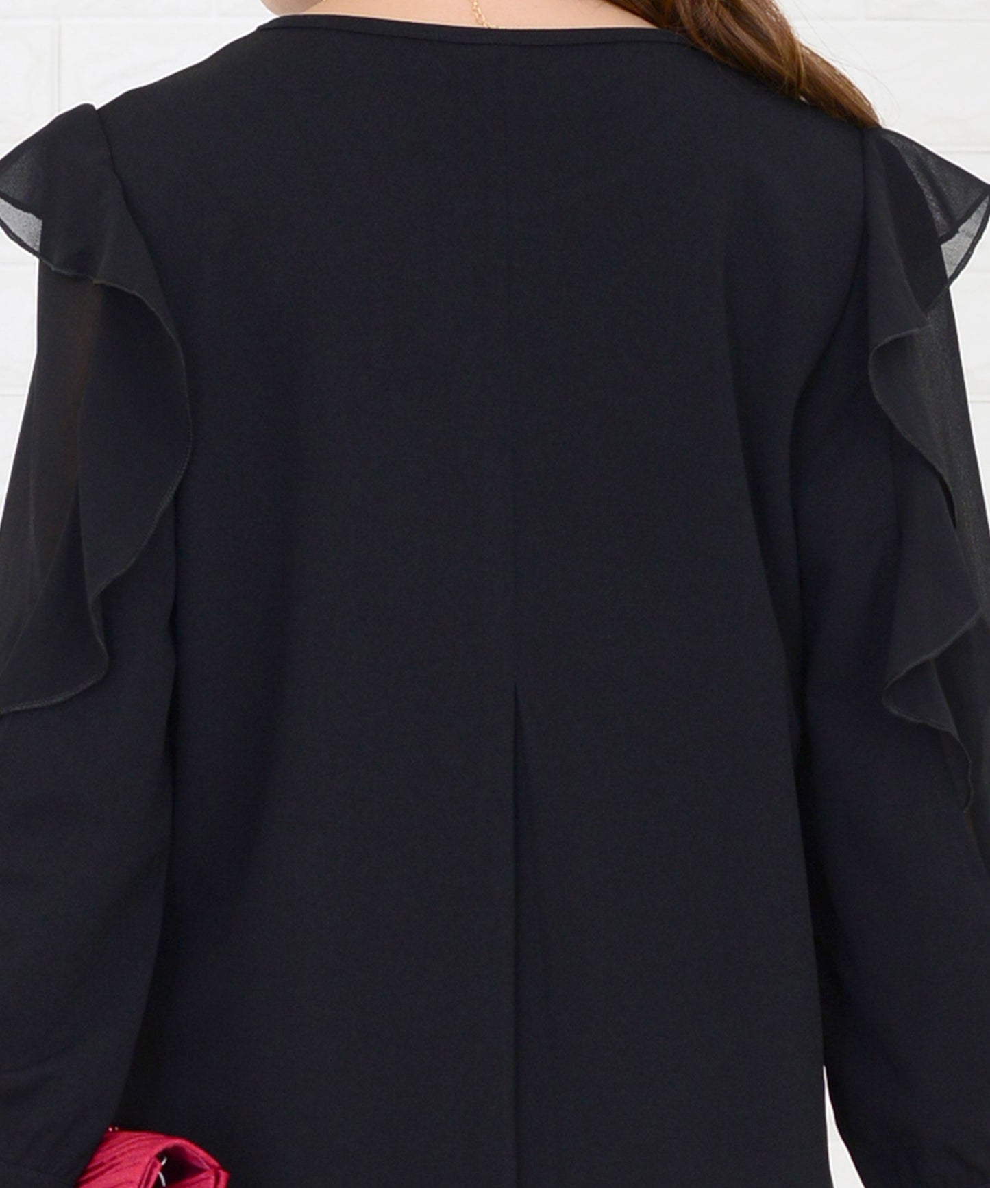 シースルーフリル長袖膝丈ドレス・ワンピース