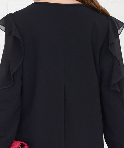 シースルーフリル長袖膝丈ドレス・ワンピース