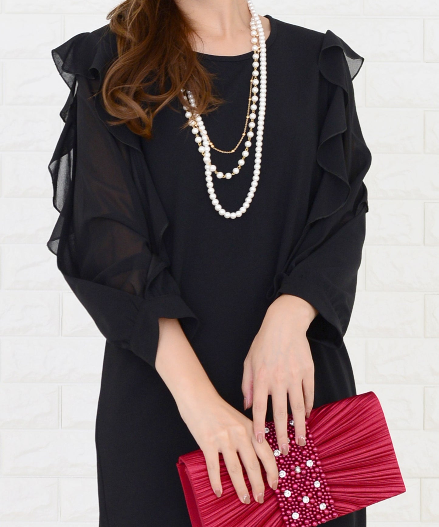 シースルーフリル長袖膝丈ドレス・ワンピース