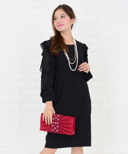 シースルーフリル長袖膝丈ドレス・ワンピース