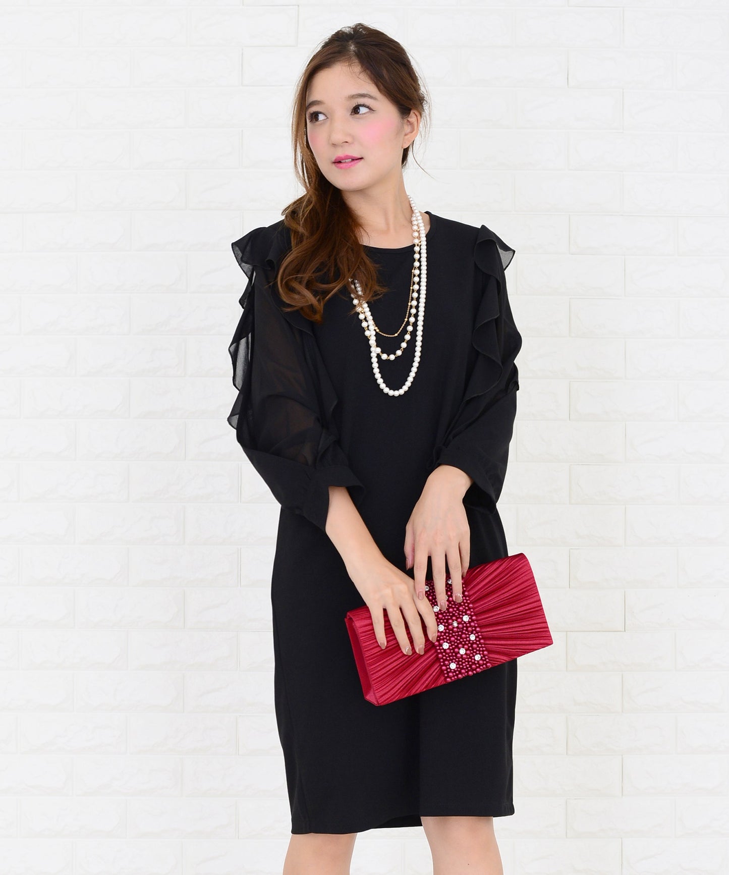 シースルーフリル長袖膝丈ドレス・ワンピース