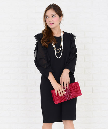 シースルーフリル長袖膝丈ドレス・ワンピース