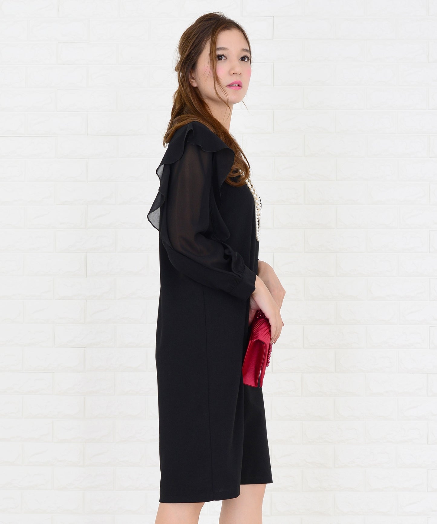 シースルーフリル長袖膝丈ドレス・ワンピース