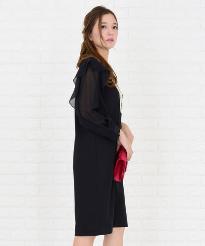 シースルーフリル長袖膝丈ドレス・ワンピース