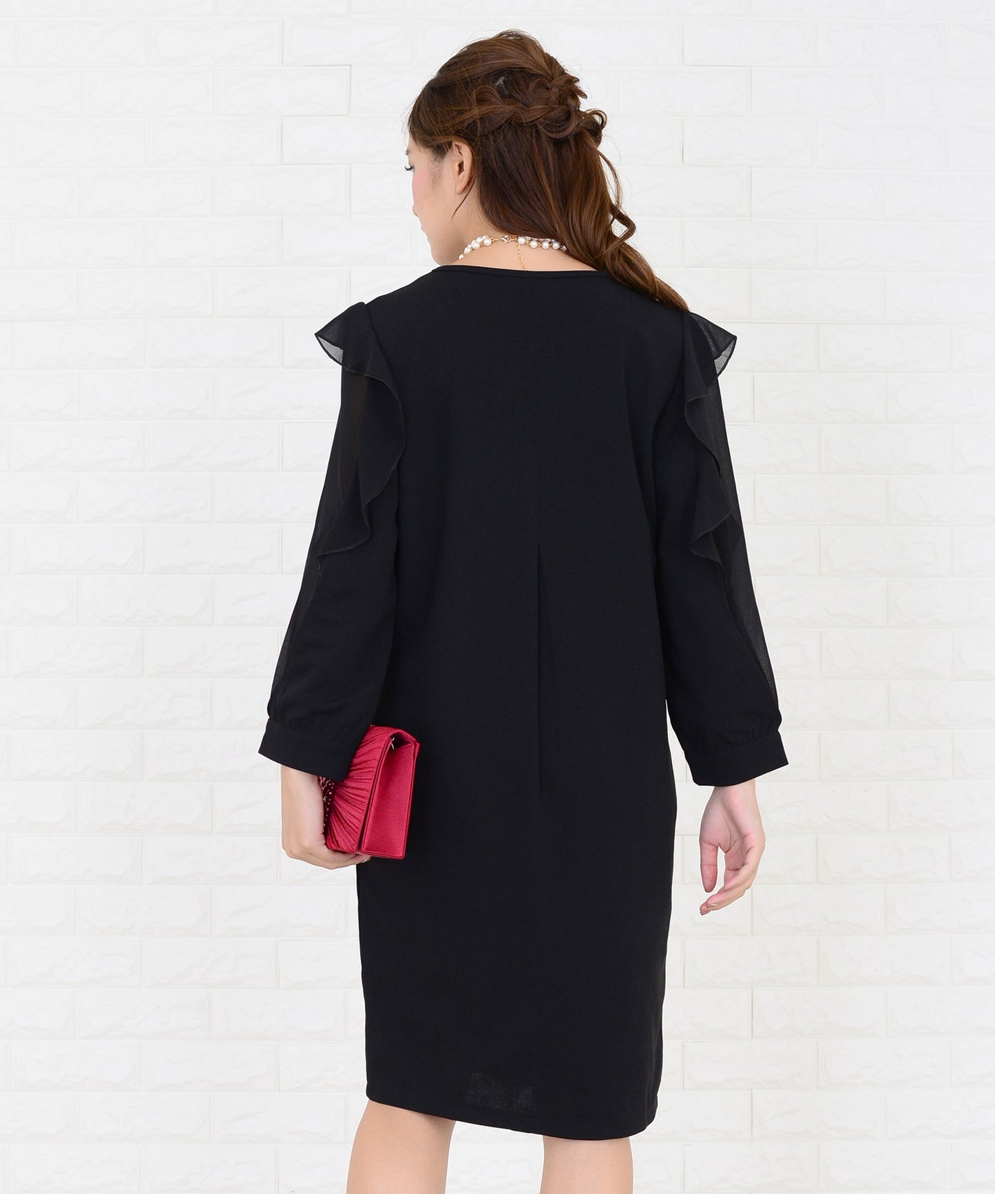 シースルーフリル長袖膝丈ドレス・ワンピース