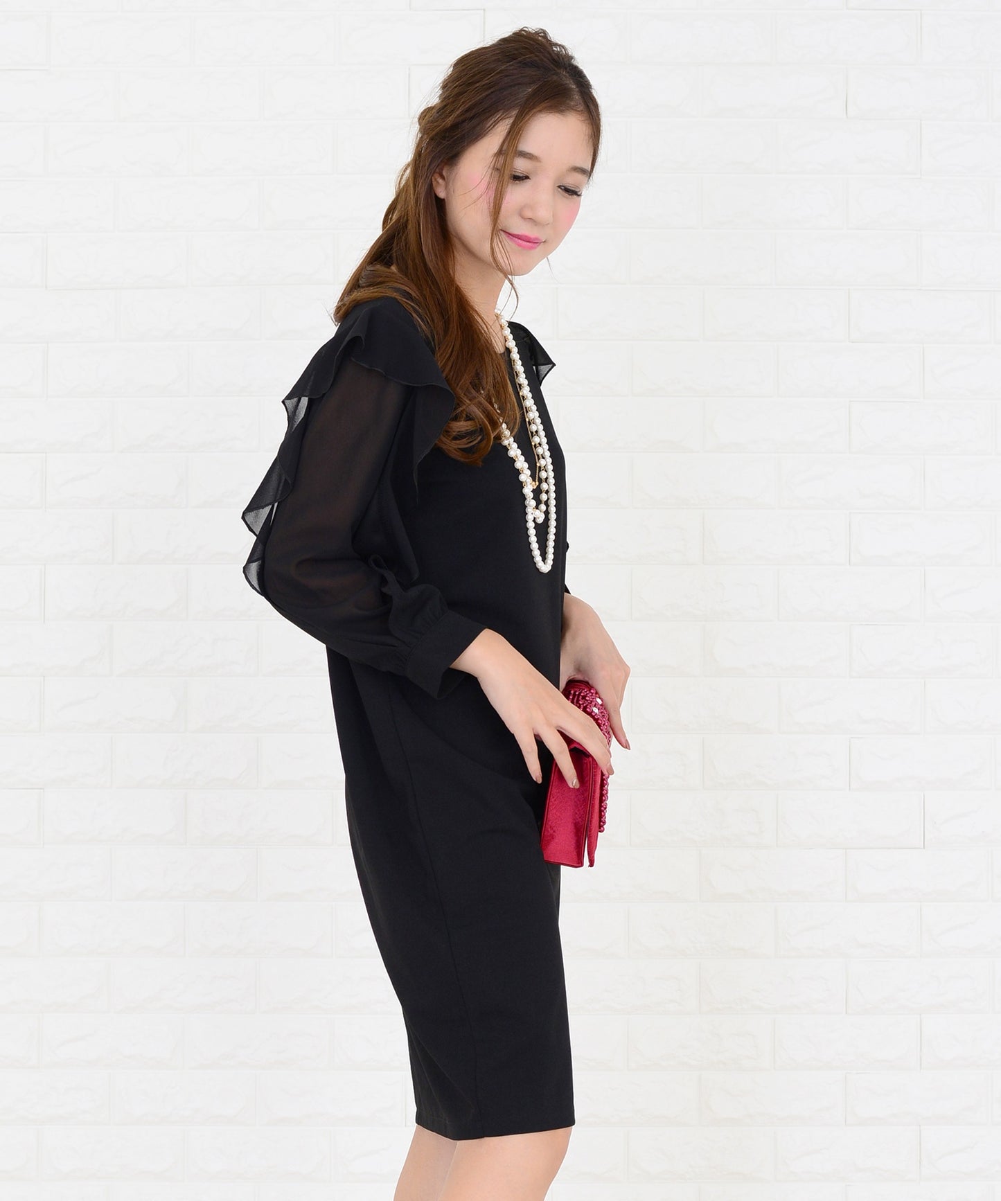 シースルーフリル長袖膝丈ドレス・ワンピース