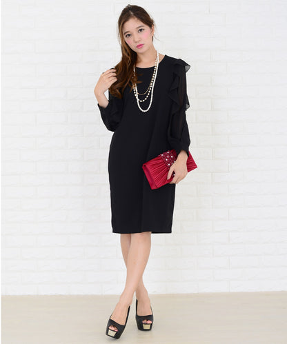 シースルーフリル長袖膝丈ドレス・ワンピース