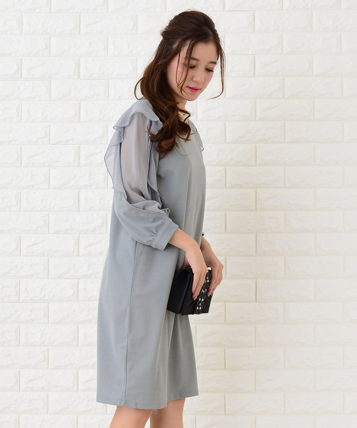 シースルーフリル長袖膝丈ドレス・ワンピース