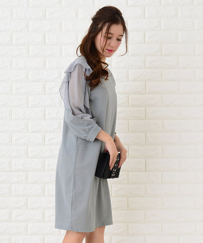 シースルーフリル長袖膝丈ドレス・ワンピース