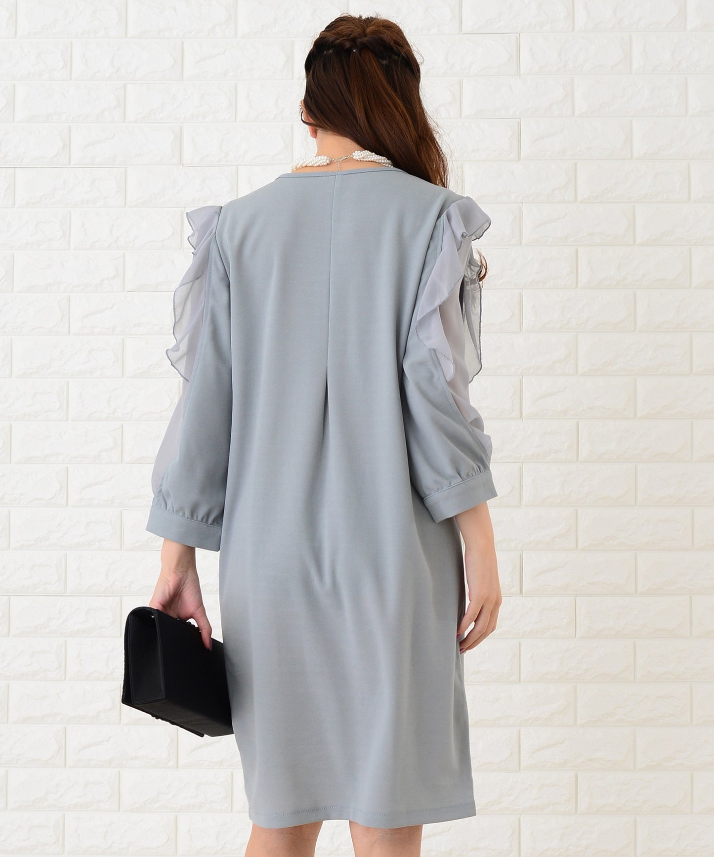 シースルーフリル長袖膝丈ドレス・ワンピース