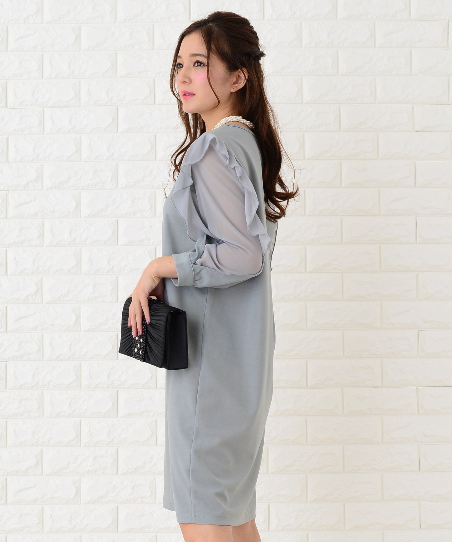 シースルーフリル長袖膝丈ドレス・ワンピース