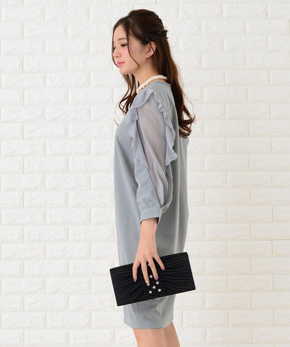 シースルーフリル長袖膝丈ドレス・ワンピース