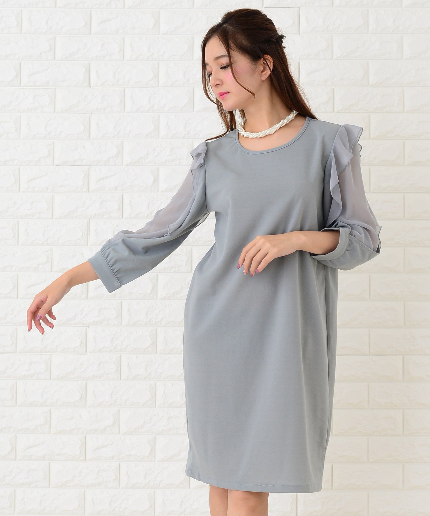 シースルーフリル長袖膝丈ドレス・ワンピース