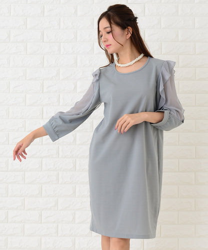 シースルーフリル長袖膝丈ドレス・ワンピース