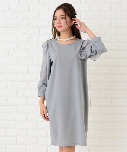 シースルーフリル長袖膝丈ドレス・ワンピース