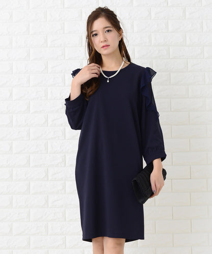 シースルーフリル長袖膝丈ドレス・ワンピース