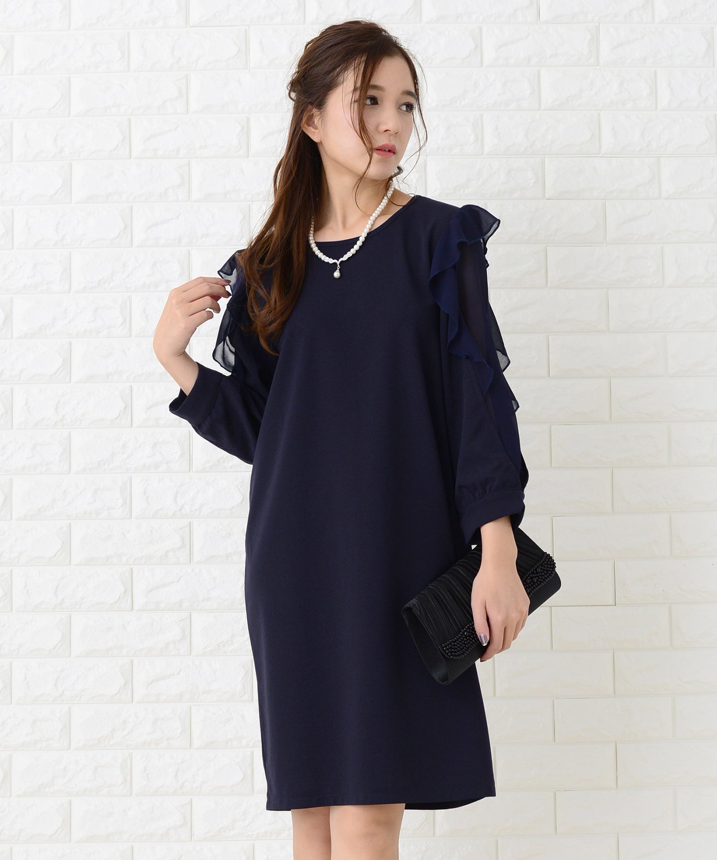 シースルーフリル長袖膝丈ドレス・ワンピース