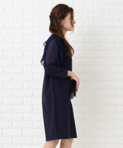 シースルーフリル長袖膝丈ドレス・ワンピース