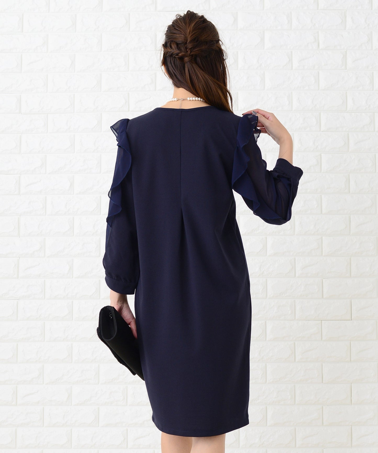 シースルーフリル長袖膝丈ドレス・ワンピース