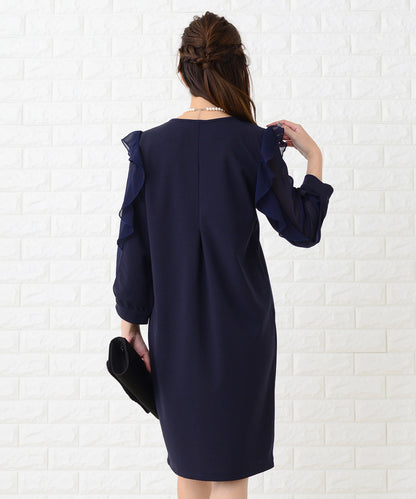 シースルーフリル長袖膝丈ドレス・ワンピース