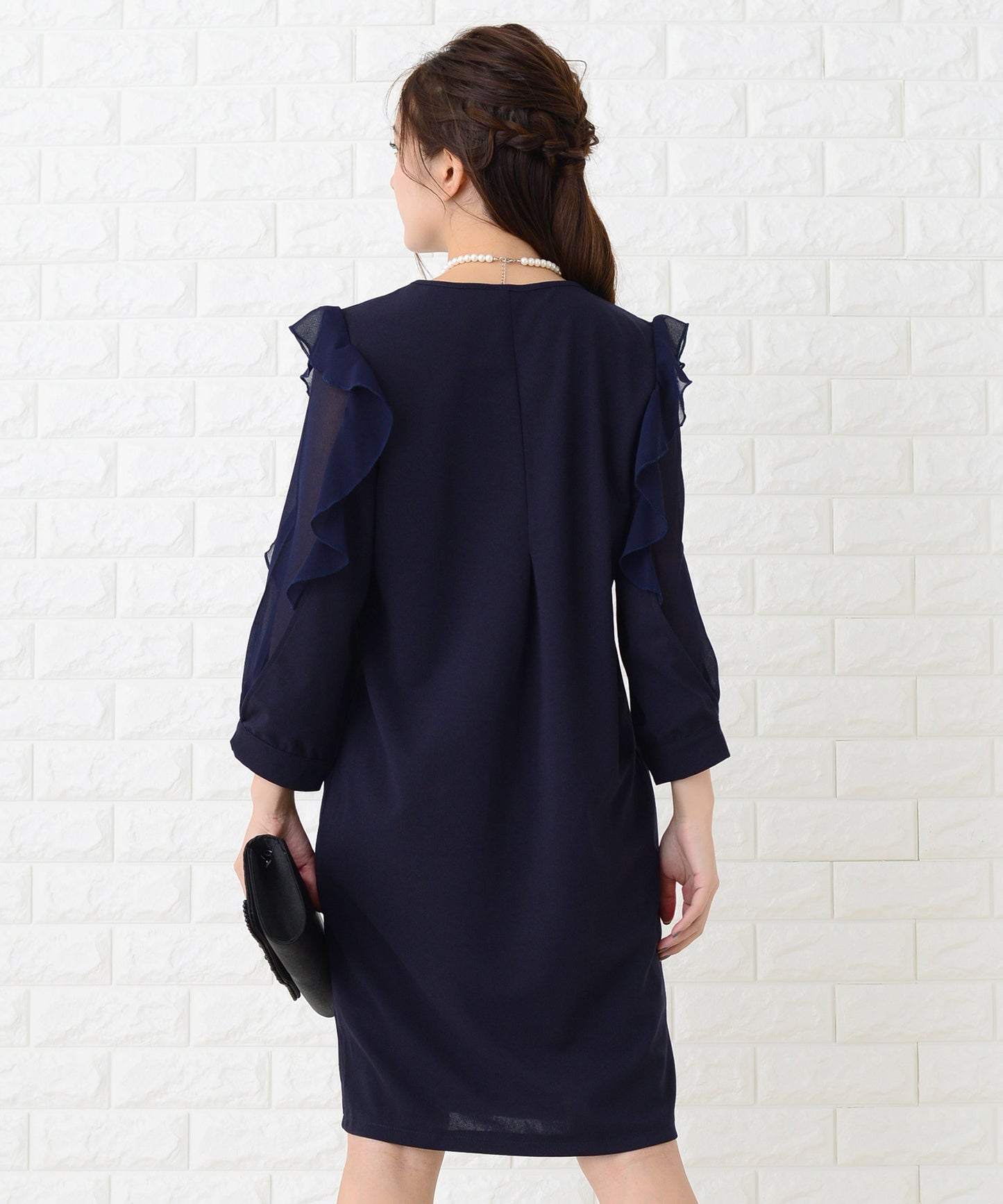 シースルーフリル長袖膝丈ドレス・ワンピース