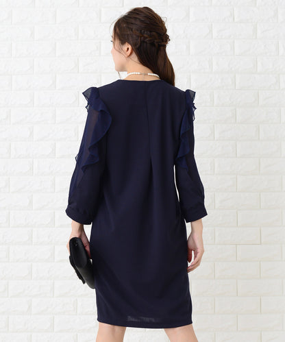 シースルーフリル長袖膝丈ドレス・ワンピース