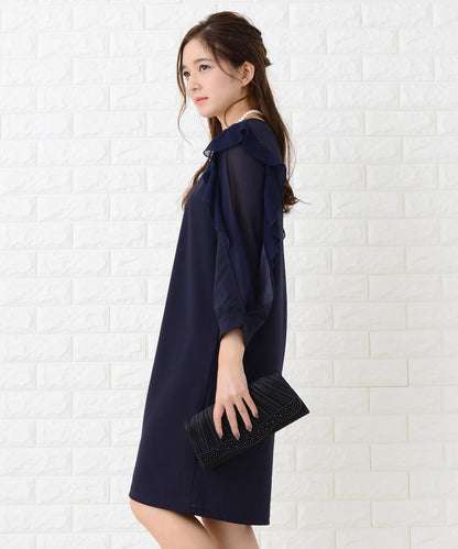 シースルーフリル長袖膝丈ドレス・ワンピース