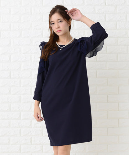 シースルーフリル長袖膝丈ドレス・ワンピース