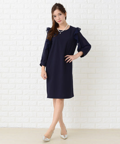 シースルーフリル長袖膝丈ドレス・ワンピース