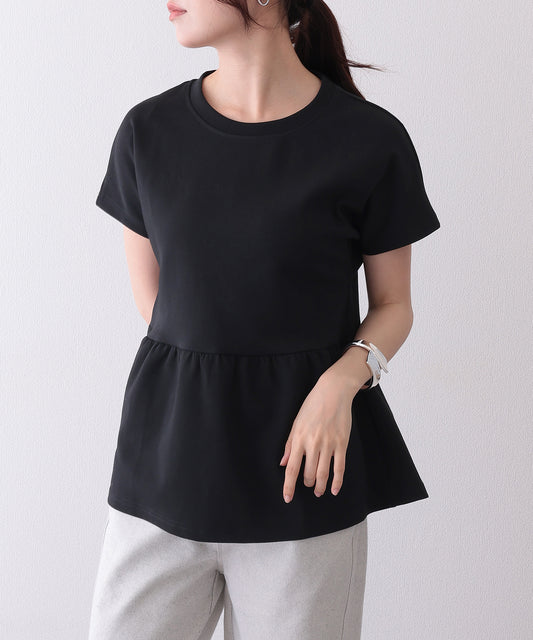 ソリッドカラー クルーネック ペプラム 半袖 Tシャツ