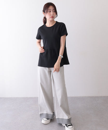 ソリッドカラー クルーネック ペプラム 半袖 Tシャツ