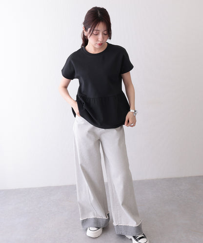 ソリッドカラー クルーネック ペプラム 半袖 Tシャツ
