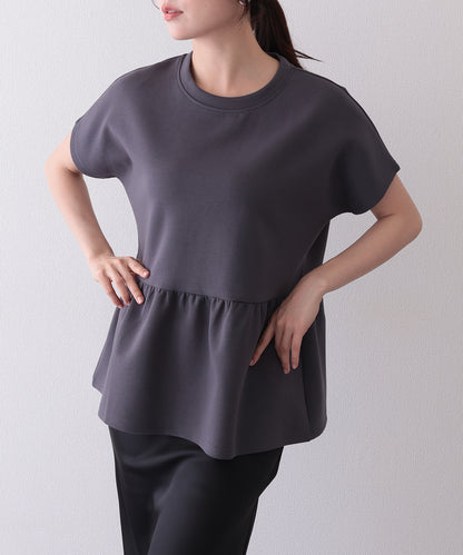 ソリッドカラー クルーネック ペプラム 半袖 Tシャツ