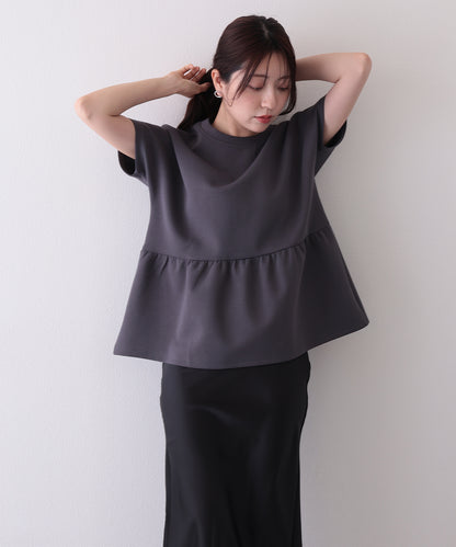 ソリッドカラー クルーネック ペプラム 半袖 Tシャツ