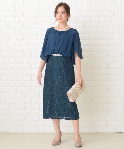 ビジュー付 ミモレ丈 レースワンピースドレス