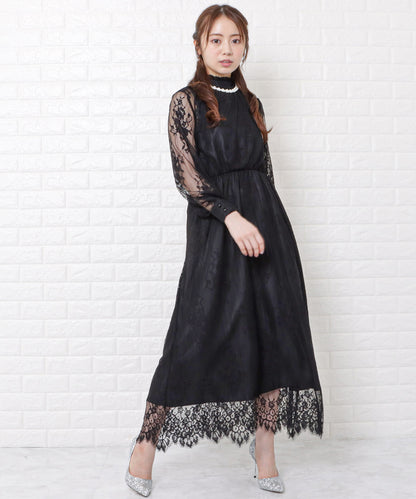 総レースハイネックロングワンピースドレス