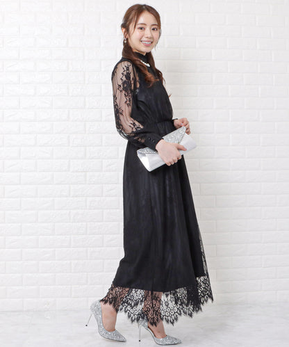 総レースハイネックロングワンピースドレス