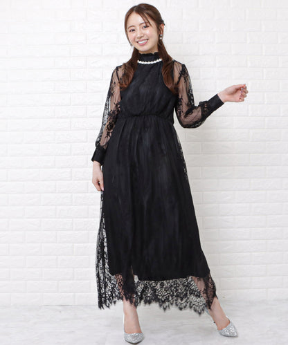 総レースハイネックロングワンピースドレス