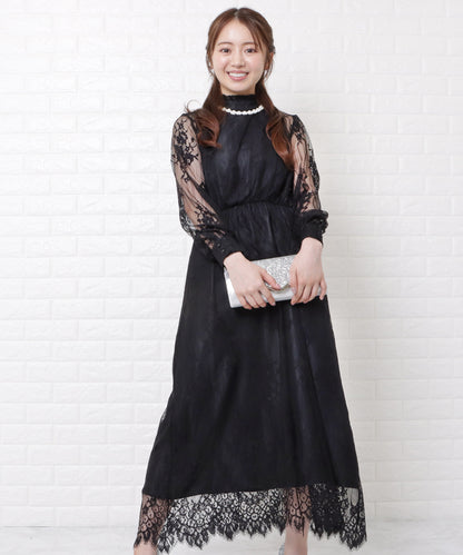 総レースハイネックロングワンピースドレス